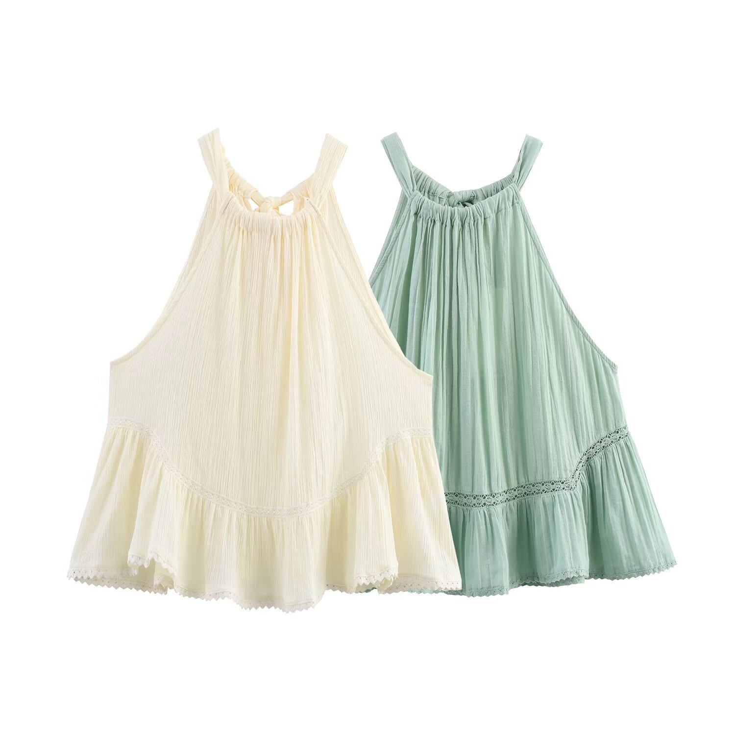 Elegante top all'americana in tessuto stropicciato con volant e finiture in pizzo.