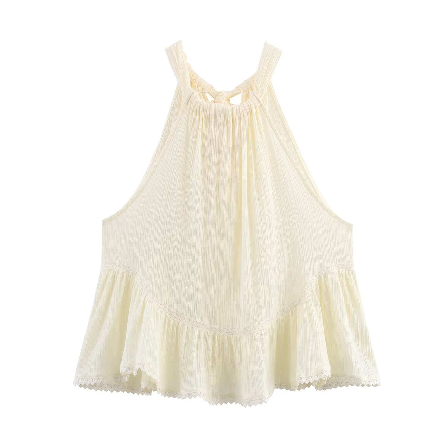 Elegante top all'americana in tessuto stropicciato con volant e finiture in pizzo.