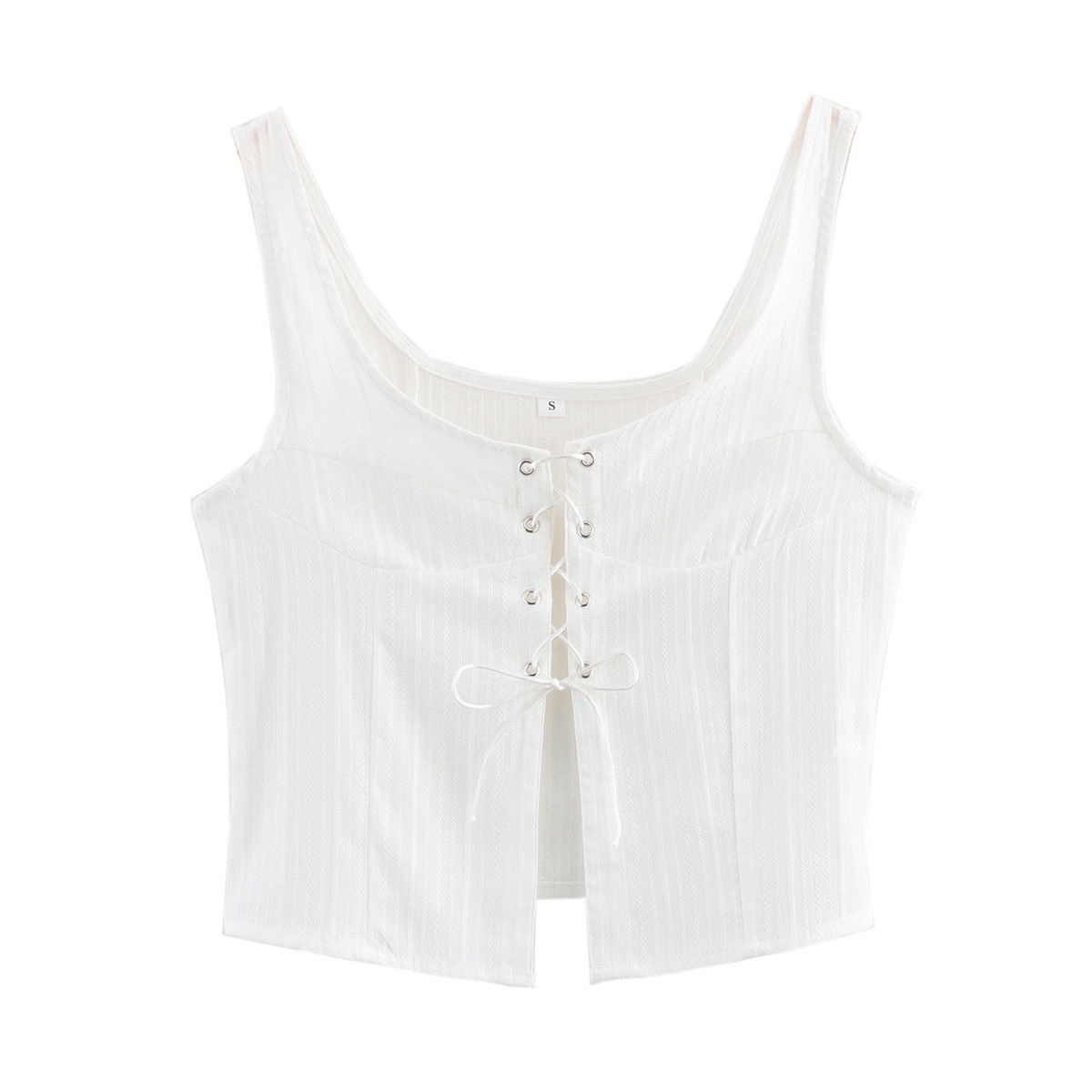 Elegante top corto a coste bianco con lacci e scollo quadrato
