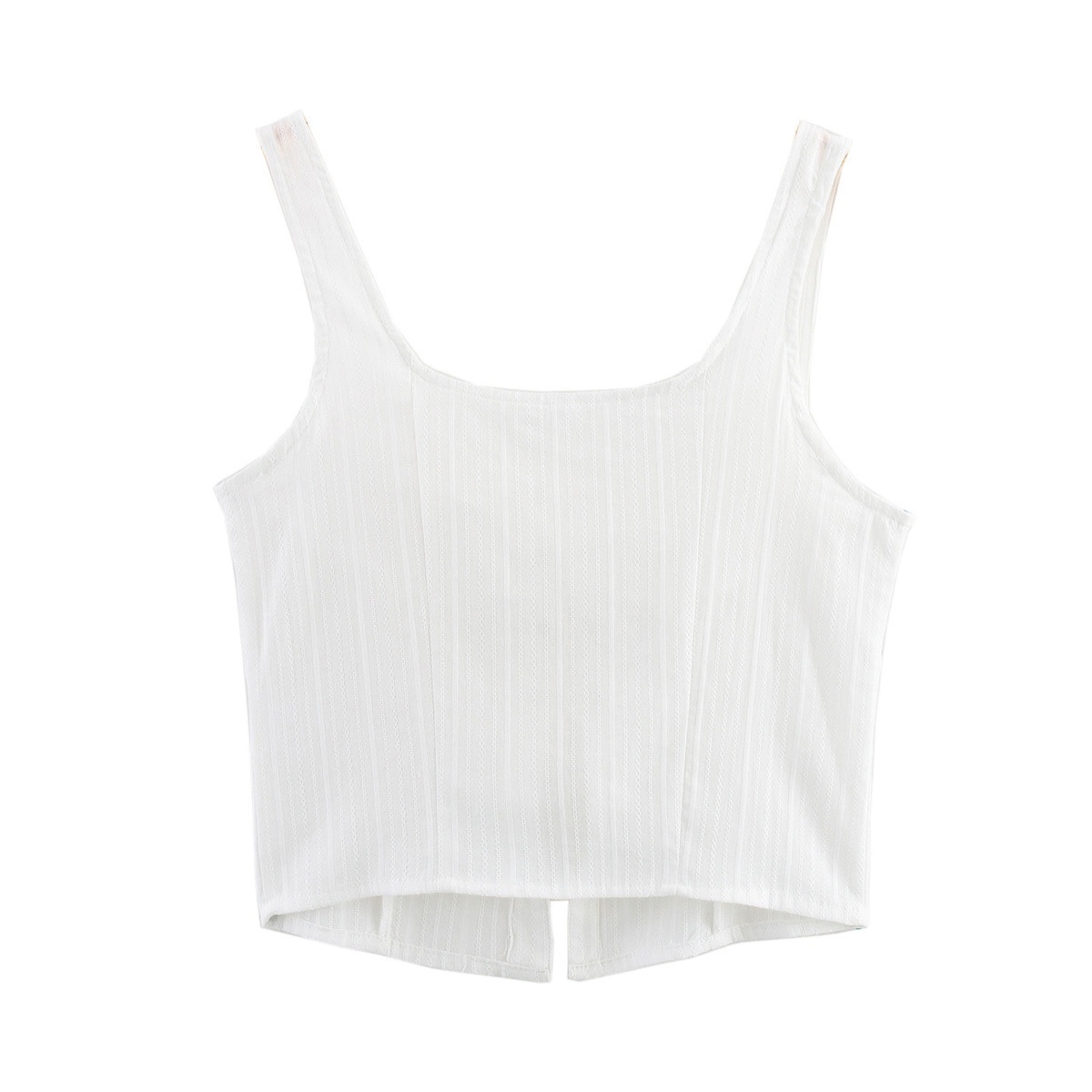 Elegante top corto a coste bianco con lacci e scollo quadrato