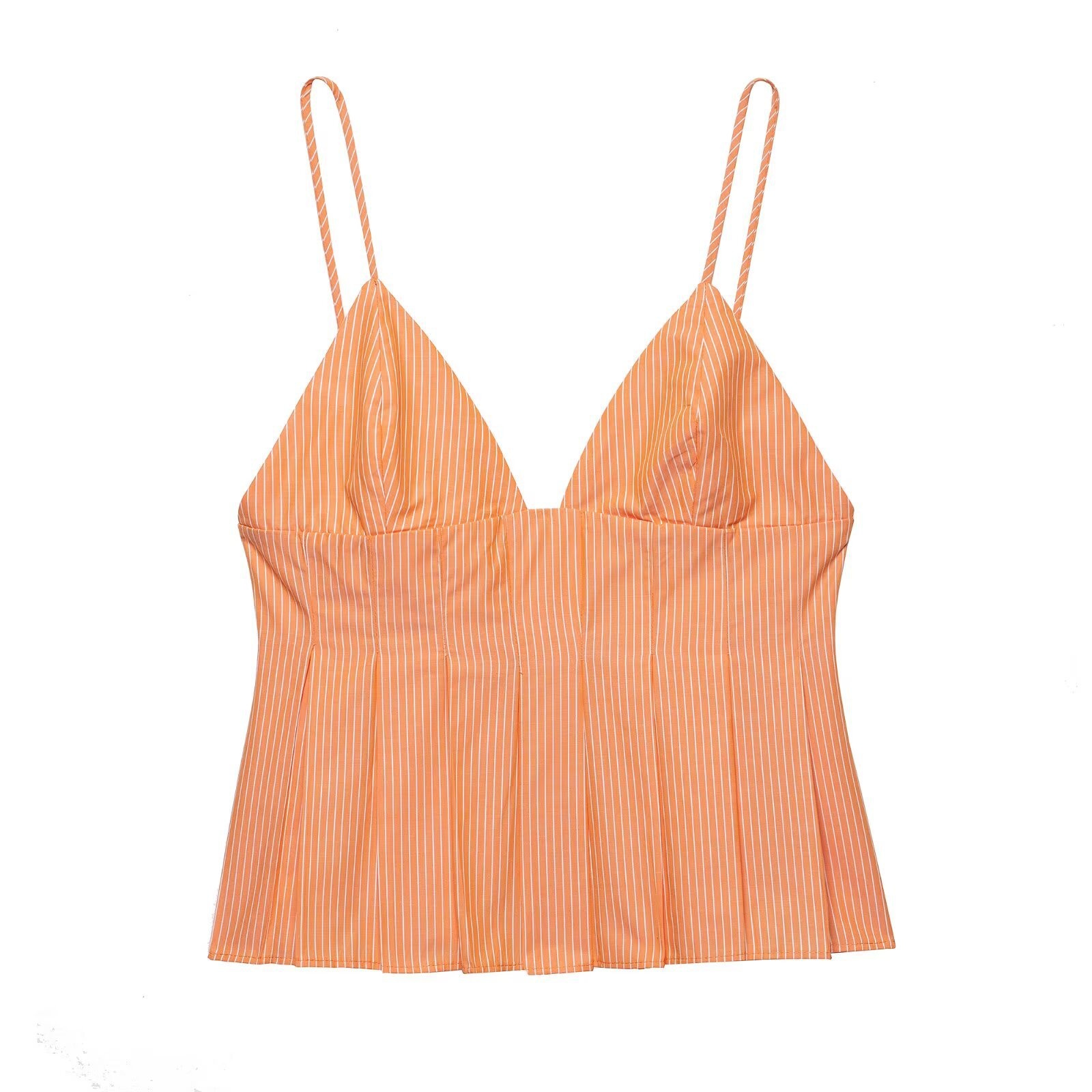 Top a canotta plissettato con scollo a V e righe arancioni