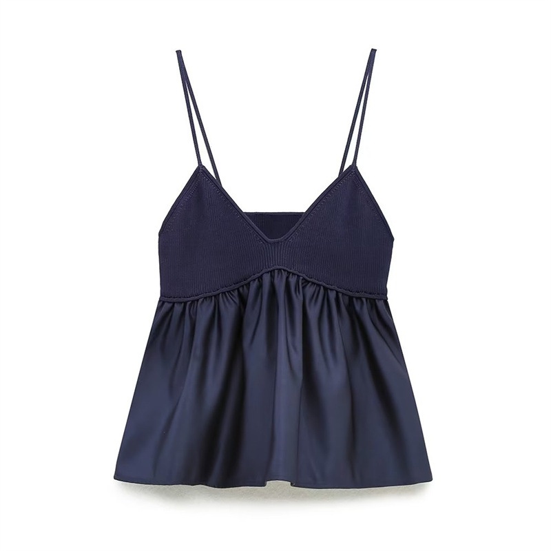 Top a canotta blu navy a coste con scollo a V e volant