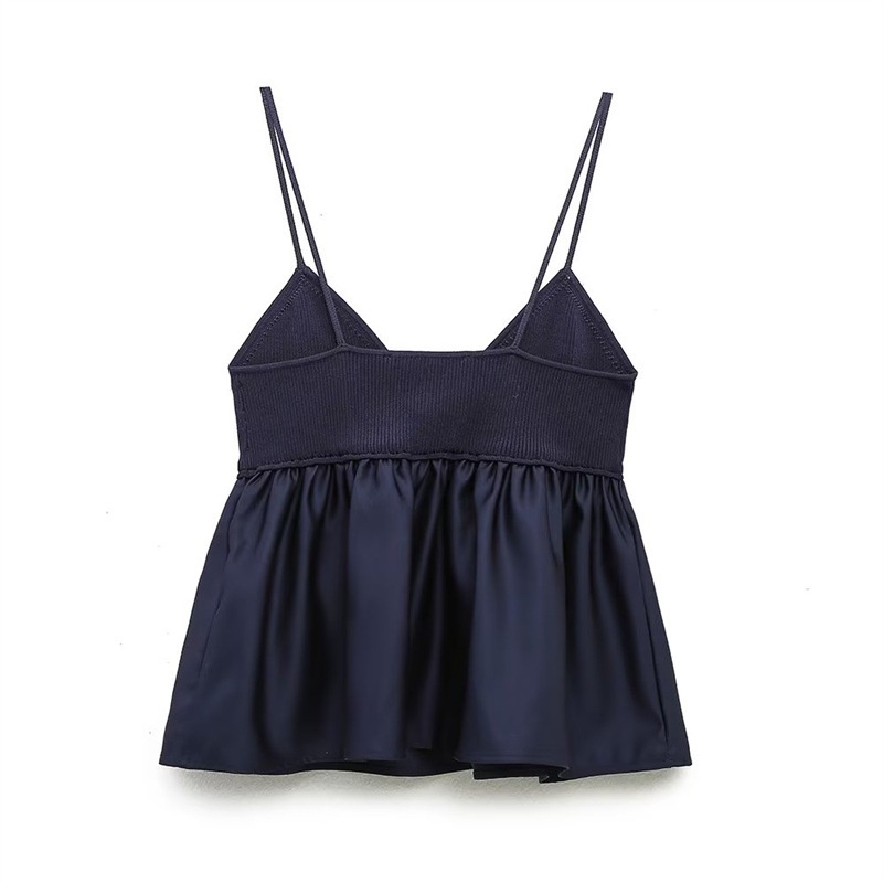 Top a canotta blu navy a coste con scollo a V e volant