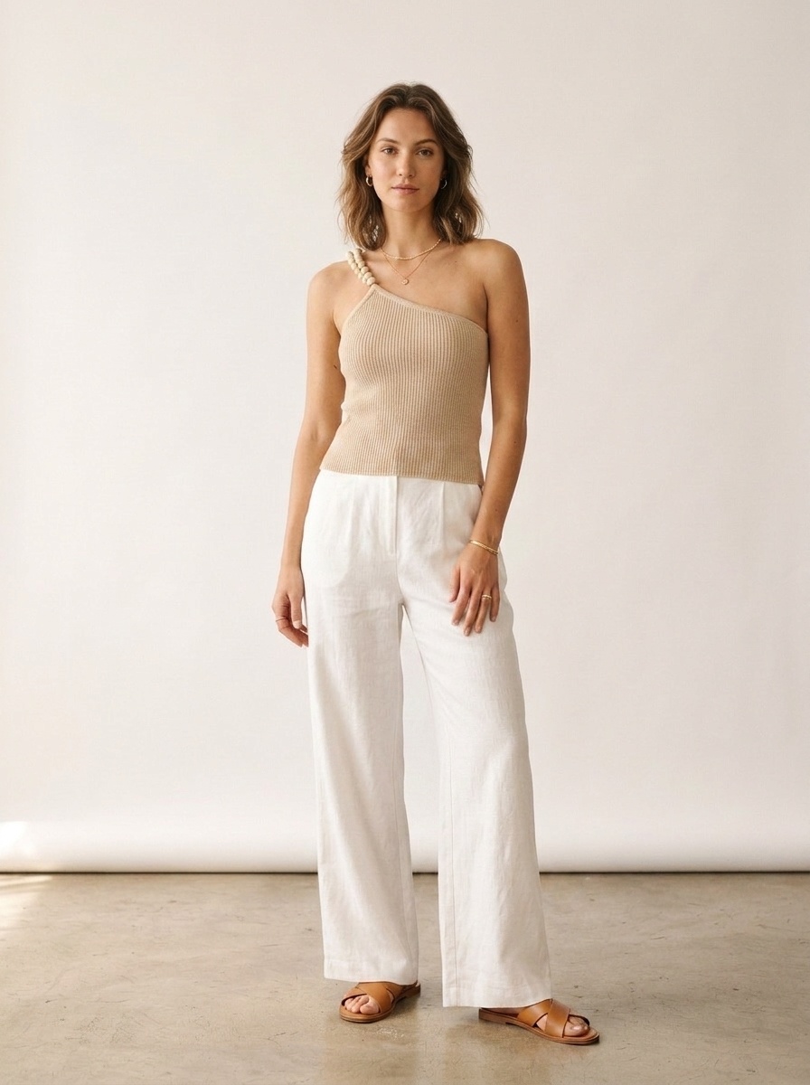 Elegante top monospalla a coste beige con spallina impreziosita da perline.