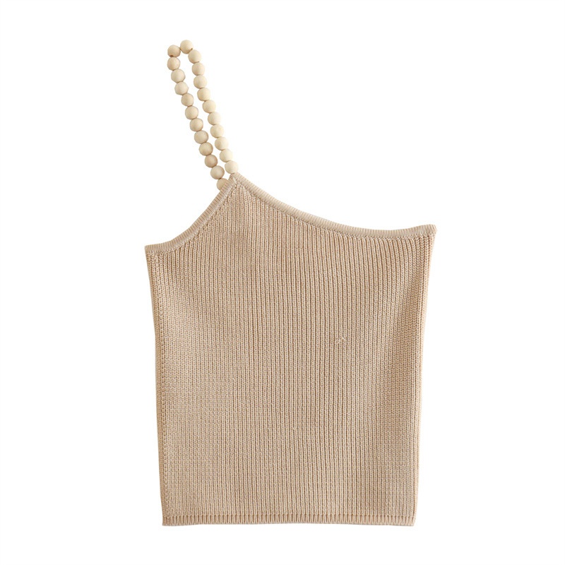 Elegante top monospalla a coste beige con spallina impreziosita da perline.