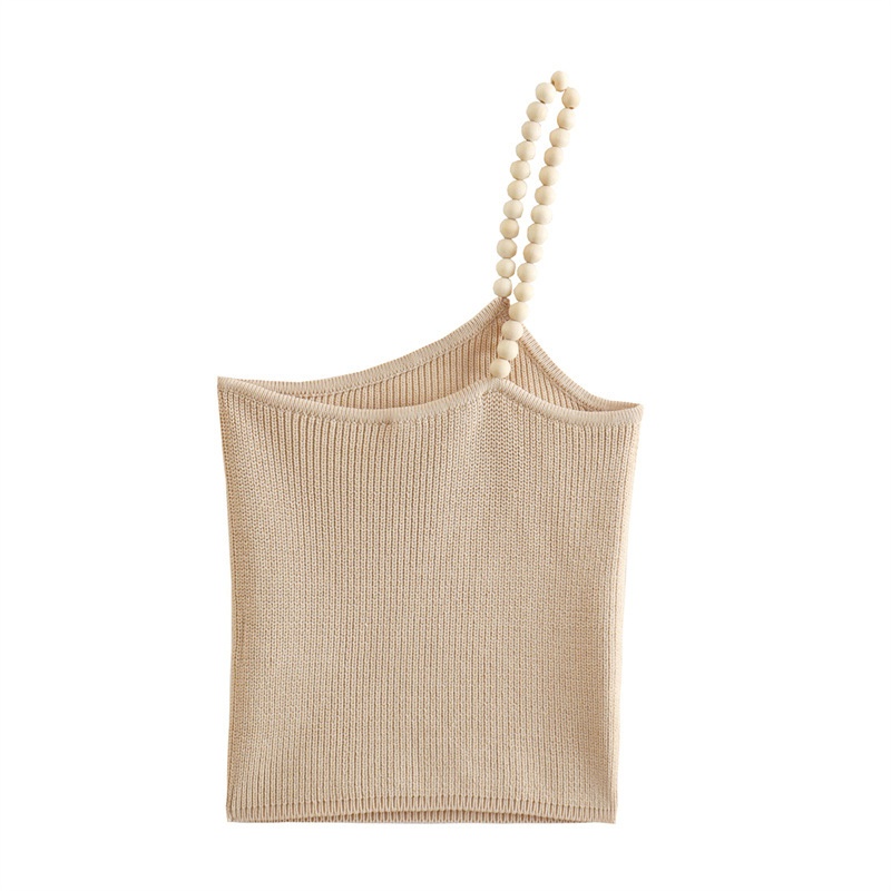 Elegante top monospalla a coste beige con spallina impreziosita da perline.