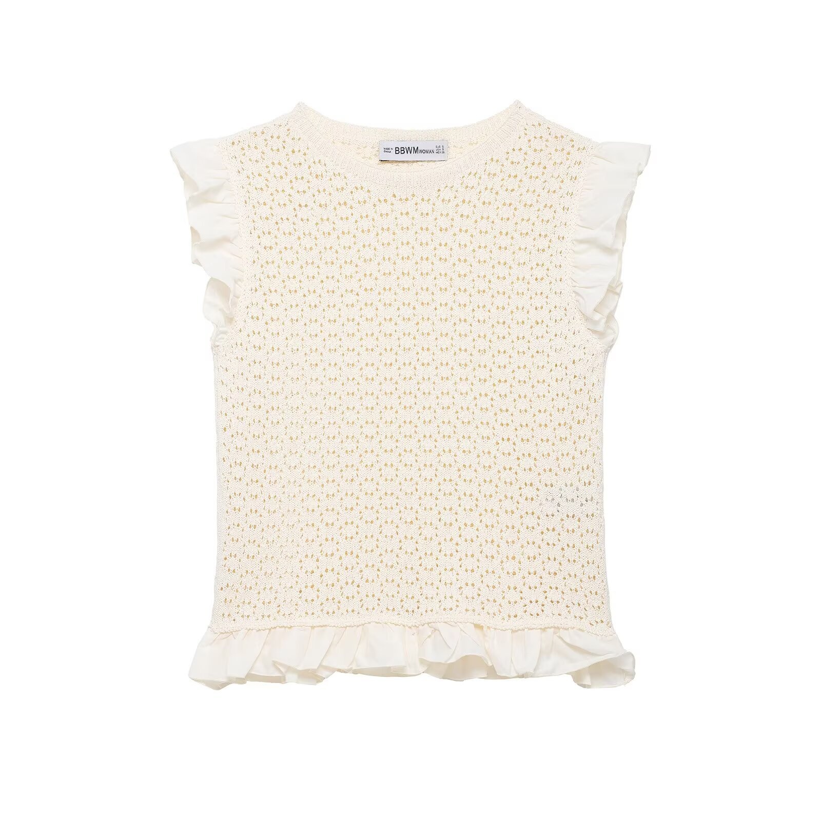 Elegante top in maglia con maniche a volant e dettagli traforati.