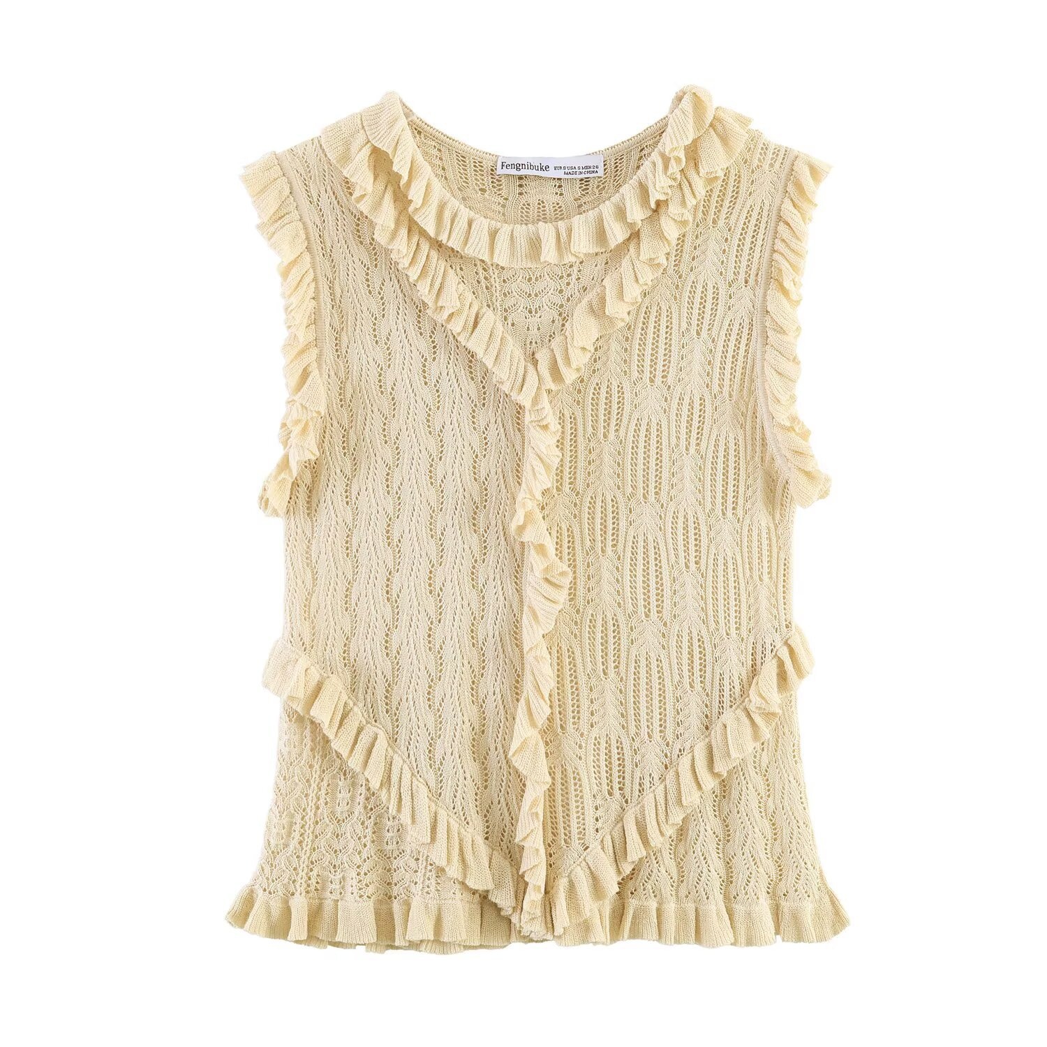 Elegante top senza maniche in maglia con volant - Gilet in maglia beige raffinato