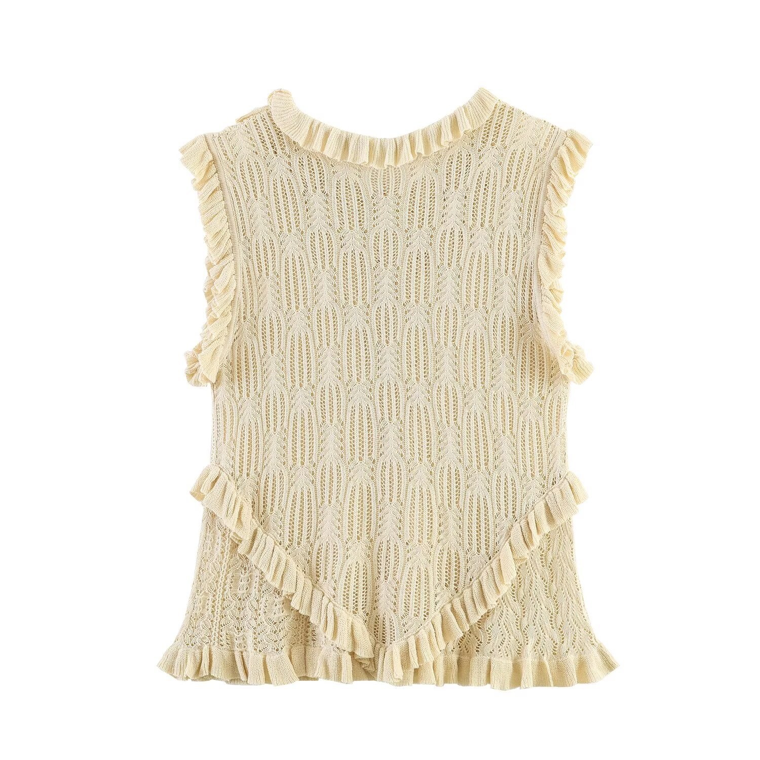 Elegante top senza maniche in maglia con volant - Gilet in maglia beige raffinato