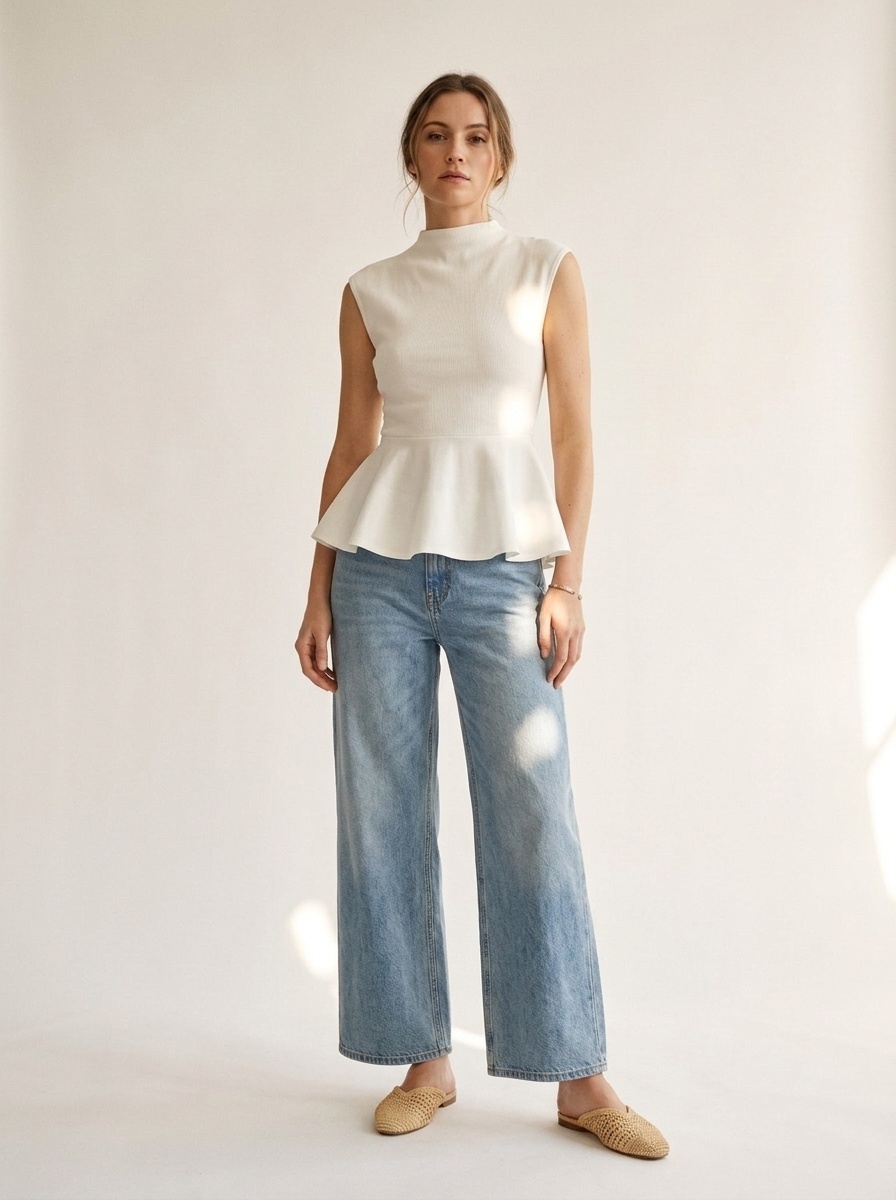 Elegante top bianco a coste con baschina - Chic senza maniche con collo alto