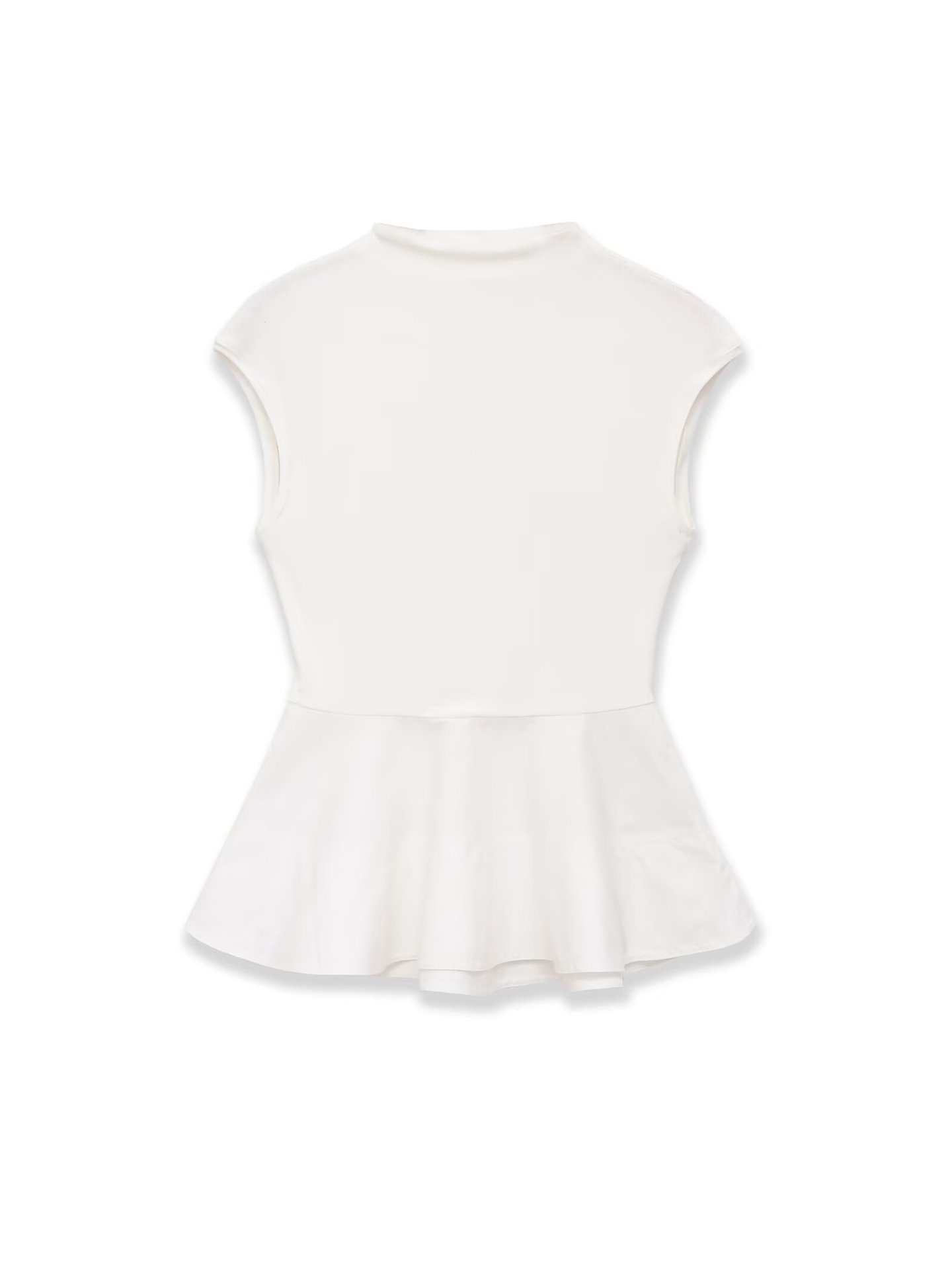 Elegante top bianco a coste con baschina - Chic senza maniche con collo alto
