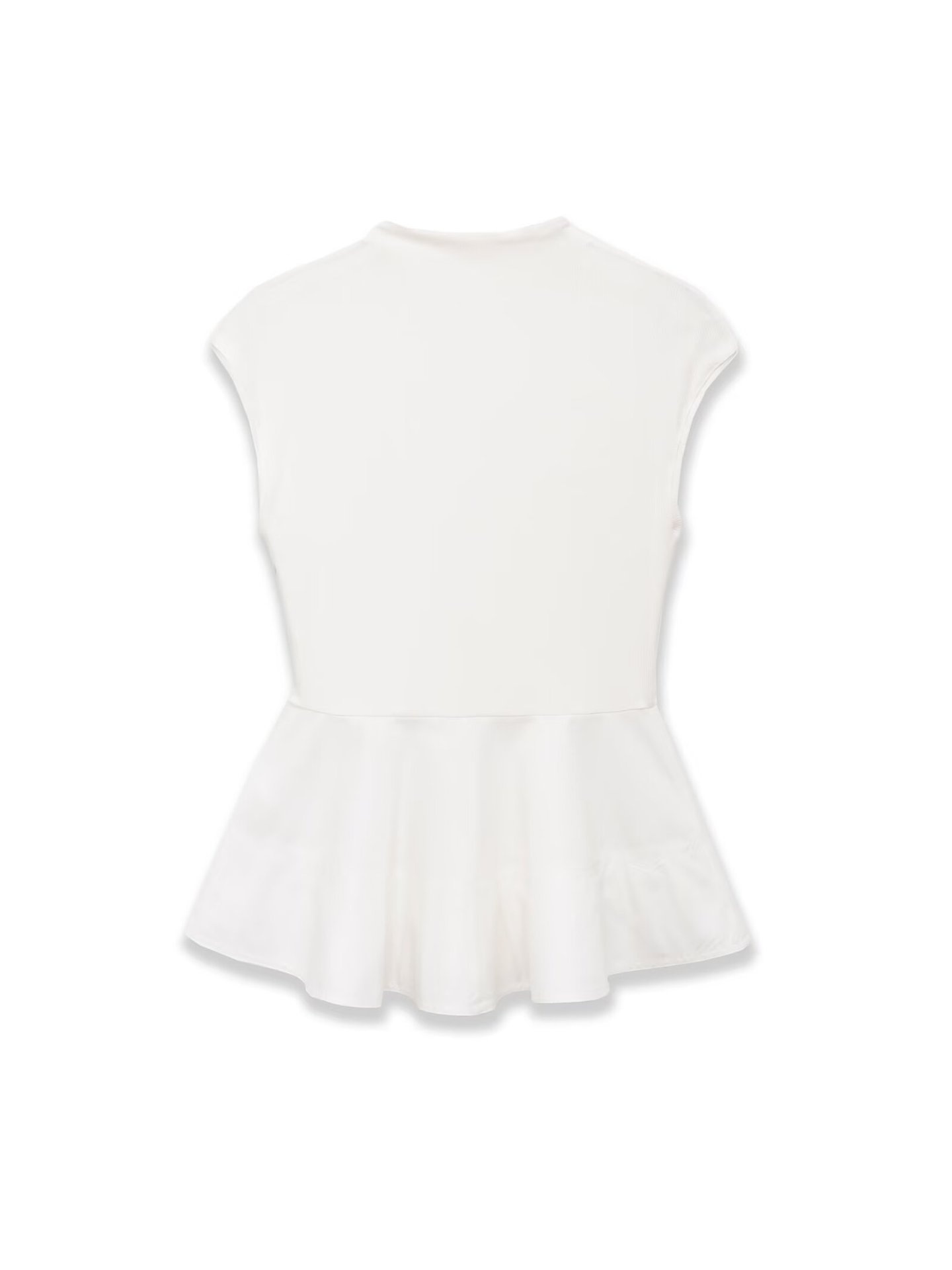 Elegante top bianco a coste con baschina - Chic senza maniche con collo alto