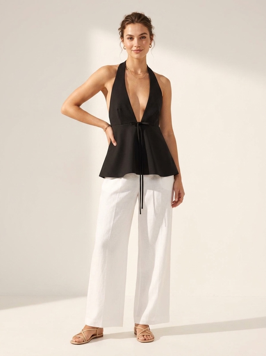Elegante top all'americana con scollo a V profondo e laccetti sul davanti - Stile estivo