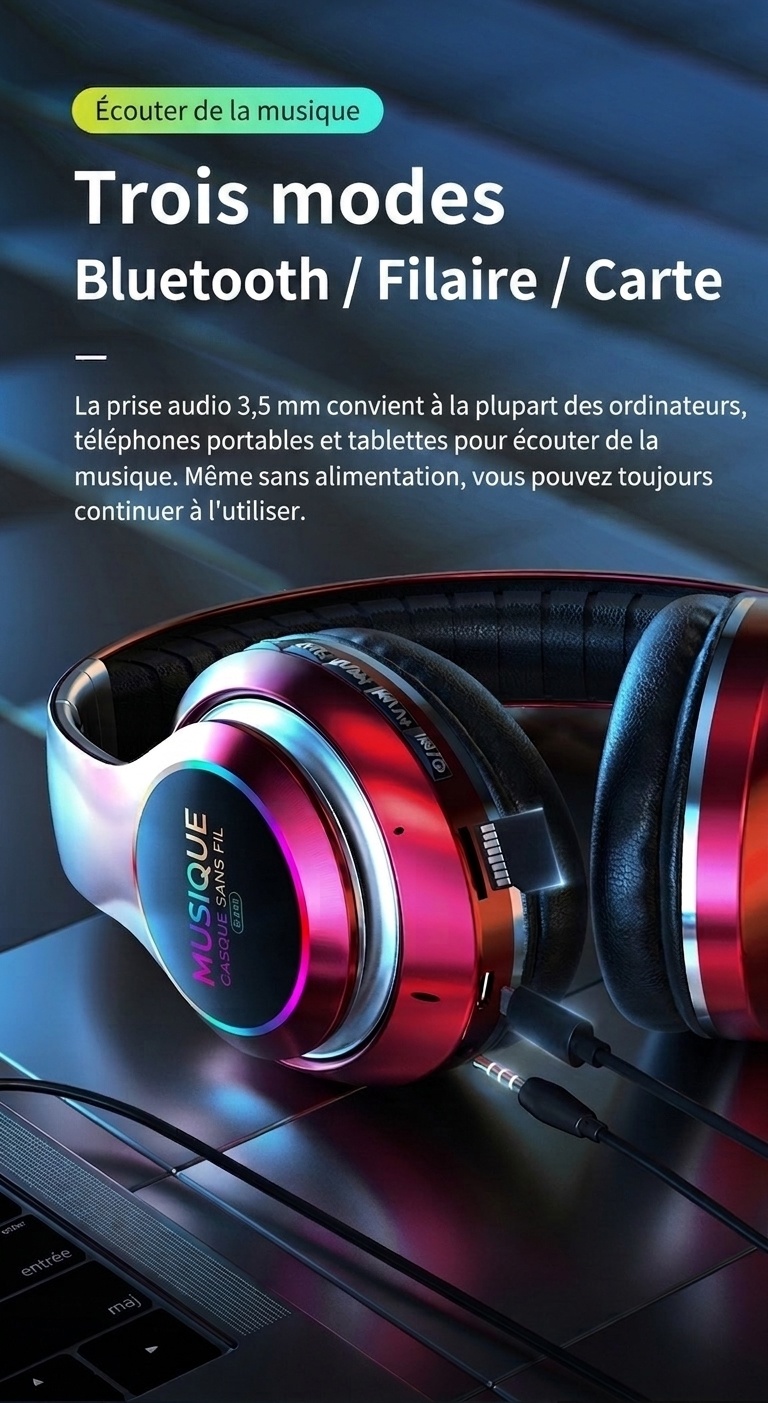 Casque sans fil Bluetooth 5.0 avec éclairage RGB et micro