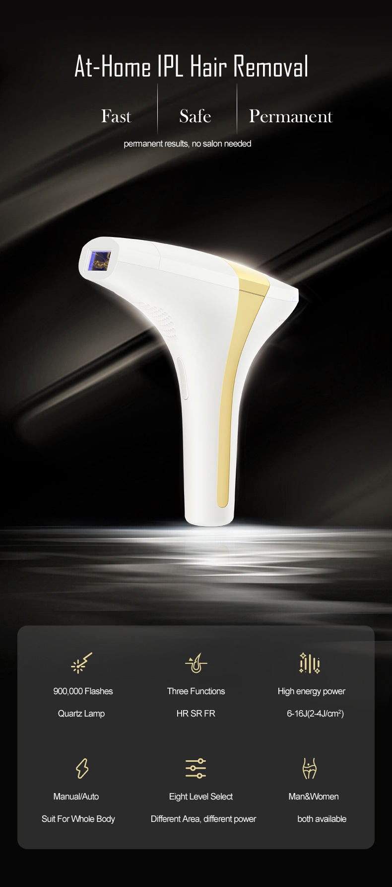 3-in-1 IPL Hair Removal Device, 900K Flashes, 8 Levels