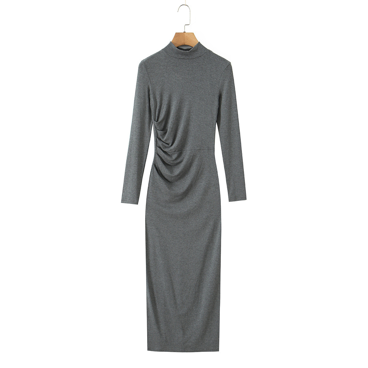 Knit Dress - Ruched High Neck Long Sleeve Casual KUN-00091