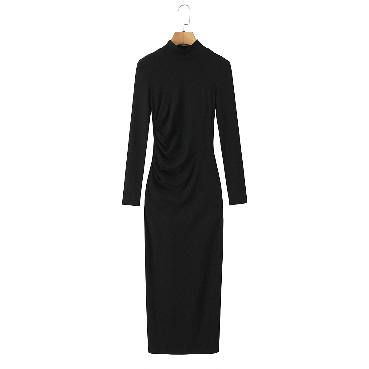 Knit Dress - Ruched High Neck Long Sleeve Casual KUN-00091