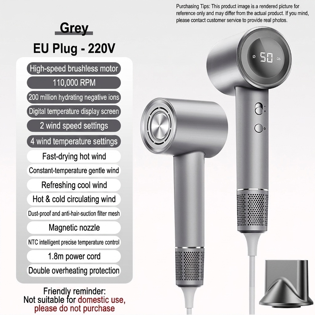 Sèche-cheveux haute vitesse D4, moteur sans balais 110&nbsp;000 tr/min, sèche-cheveux professionnel 1&nbsp;600 W avec 200 millions d'ions négatifs, écran LED et embout magnétique (gris)