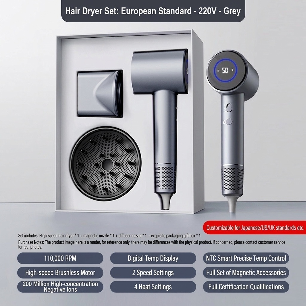D3 High-Speed Hair Dryer Gift Set, 1600W Professional Blow Dryer with 200 Million Negative Ions, LED Display, Magnetic & Diffuser Nozzles (Grey)