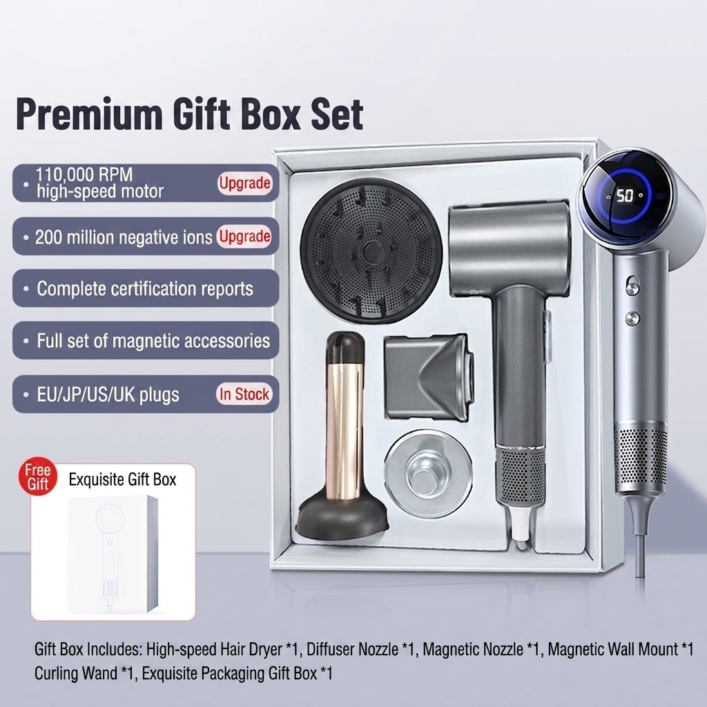 D3-Z Premium Hair Dryer Set, Includes Magnetic Concentrator, Wall Mount, Curling Iron & Diffuser Attachments (Grey)