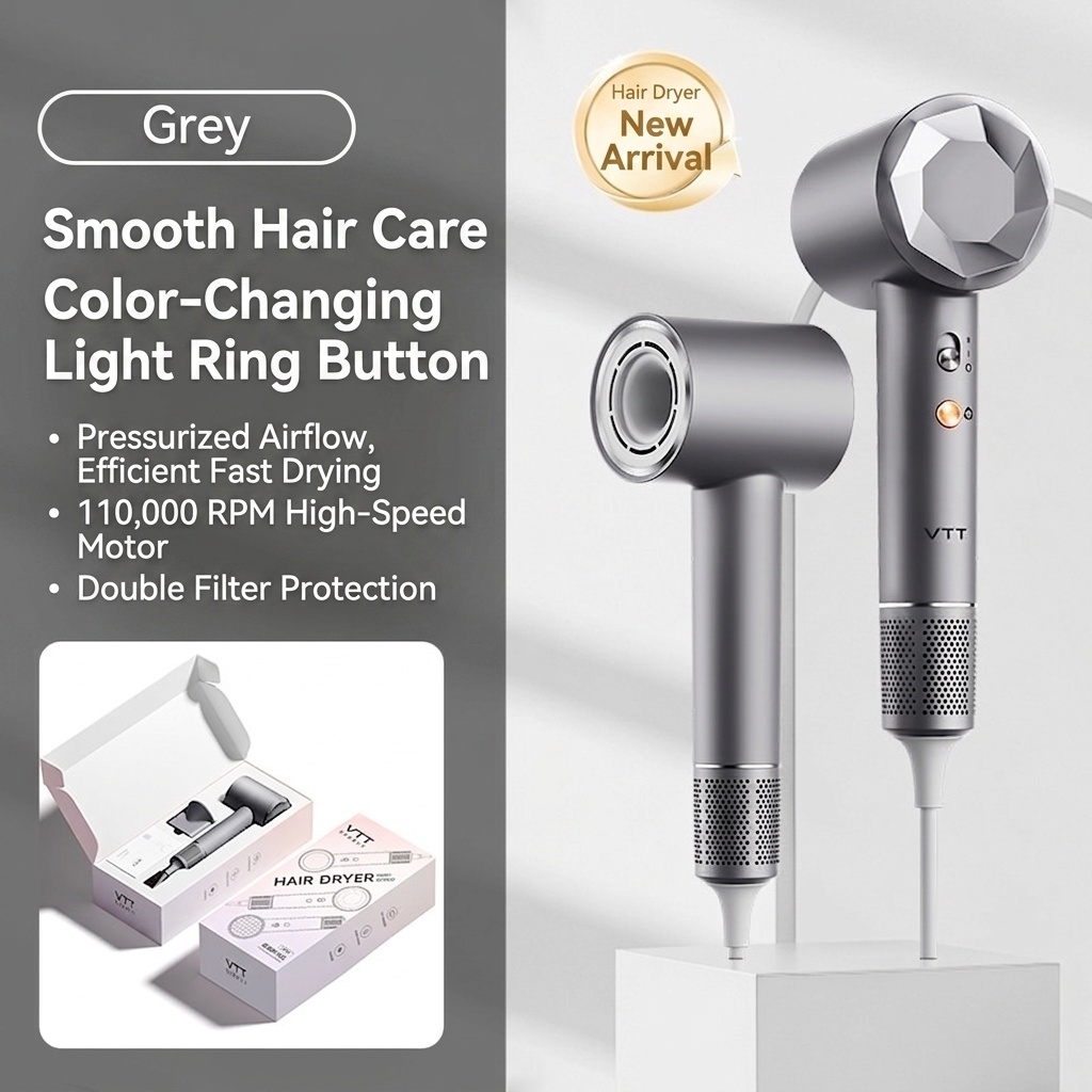 Sèche-cheveux haute vitesse K2, sèche-cheveux professionnel 1600 W avec indicateur de température et embout magnétique (gris)