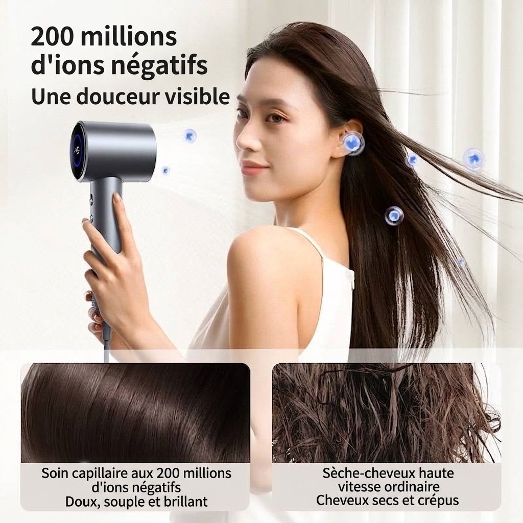 Sèche-cheveux ionique D1, sèche-cheveux professionnel 1400 W avec 3 vitesses, soin des cheveux aux ions négatifs pour une utilisation à domicile (gris)