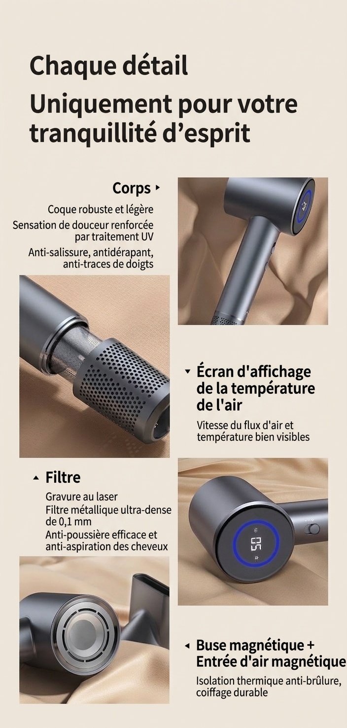 Sèche-cheveux ionique D1, sèche-cheveux professionnel 1400 W avec 3 vitesses, soin des cheveux aux ions négatifs pour une utilisation à domicile (gris)