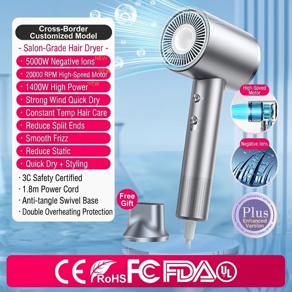 Sèche-cheveux ionique D1, sèche-cheveux professionnel 1400 W avec 3 vitesses, soin des cheveux aux ions négatifs pour une utilisation à domicile (gris)