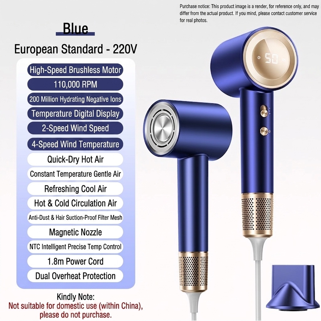 Sèche-cheveux haute vitesse D4, moteur sans balais 110&nbsp;000 tr/min, sèche-cheveux professionnel 1&nbsp;600 W avec 200 millions d'ions négatifs, écran LED et embout magnétique (bleu)