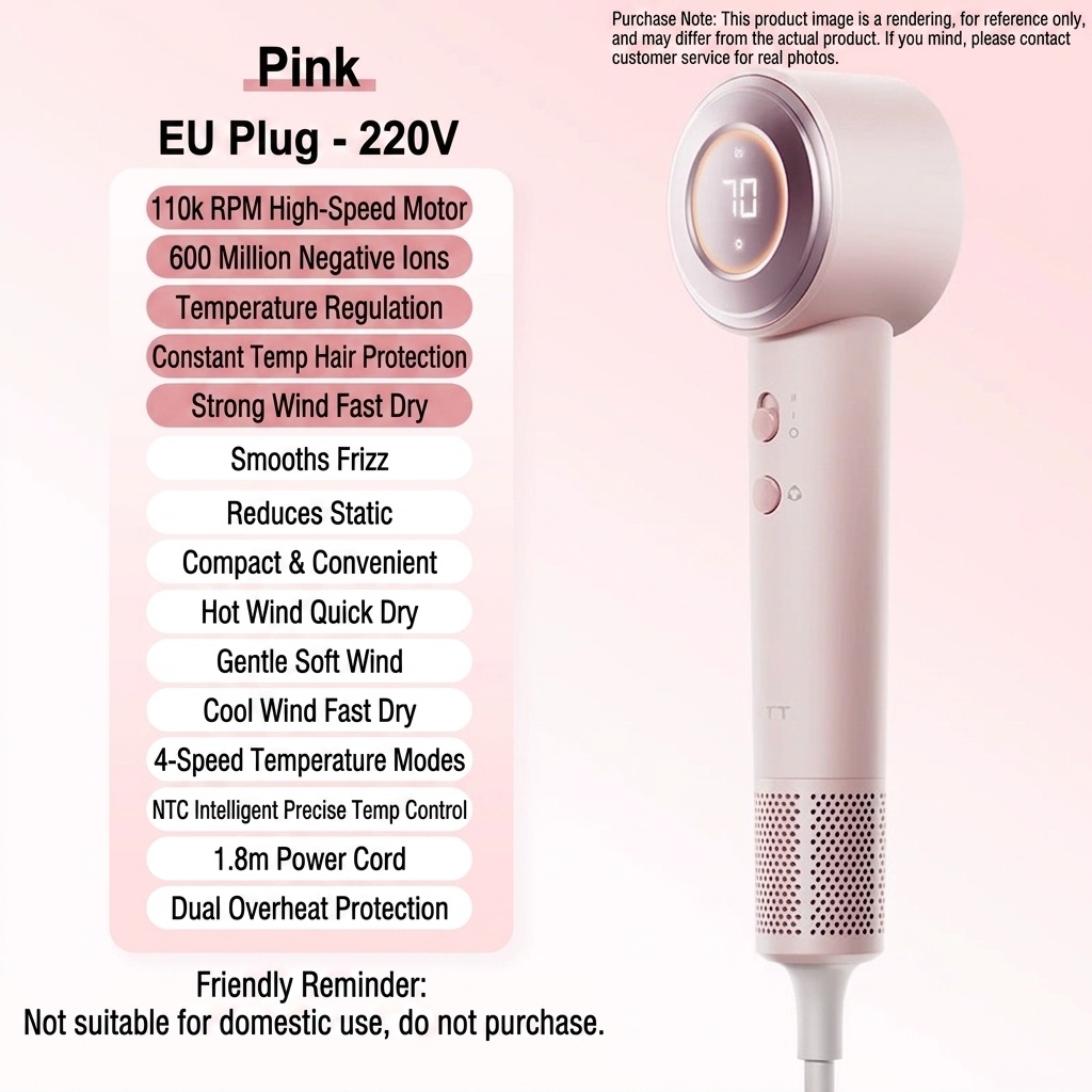 D9 High-Speed Hair Dryer, 110,000 RPM Brushless Motor with 600 Million Negative Ions, Magnetic Nozzle & Premium Gift Box (Pink)