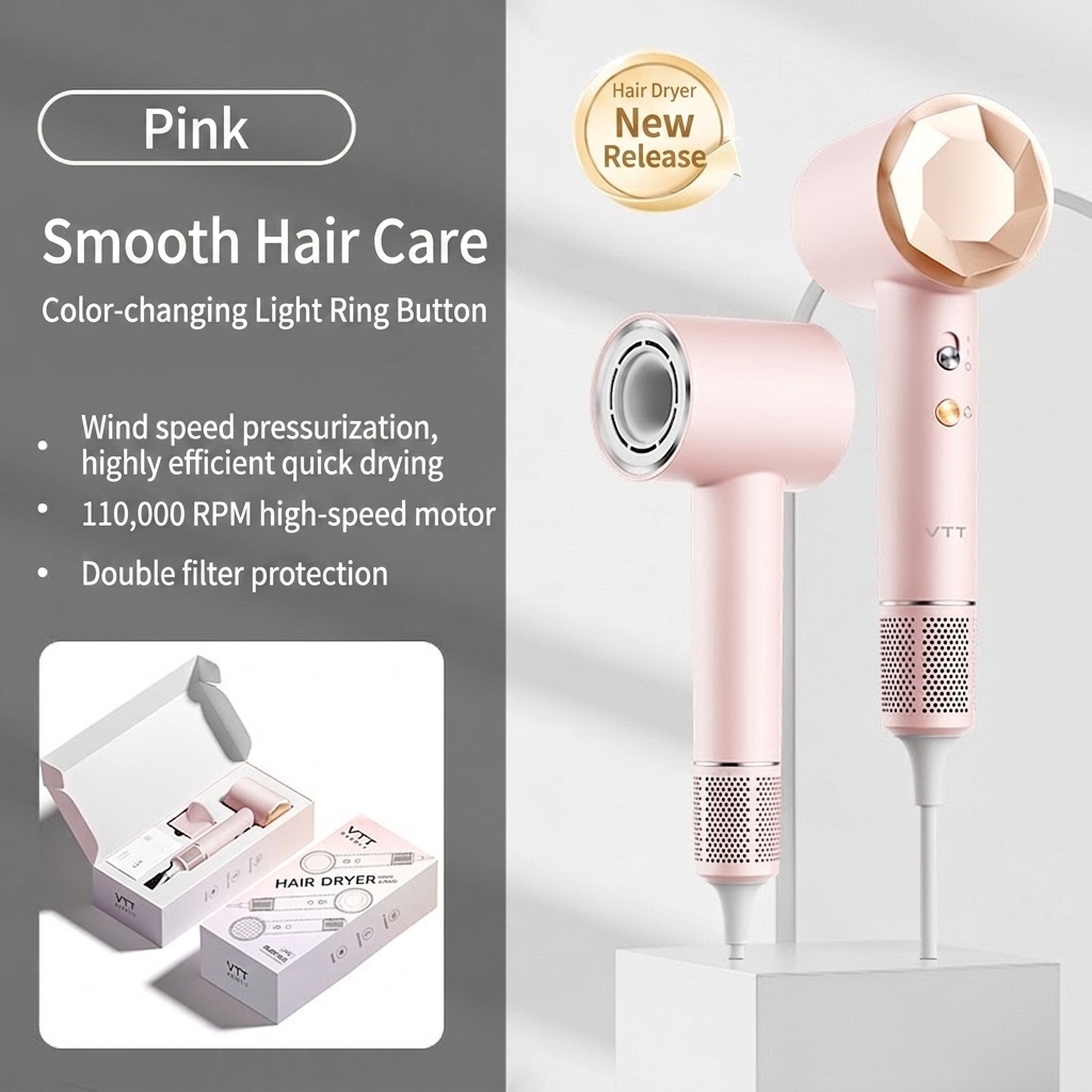 Sèche-cheveux haute vitesse K2, sèche-cheveux professionnel 1600 W avec indicateur de température et embout magnétique (rose)