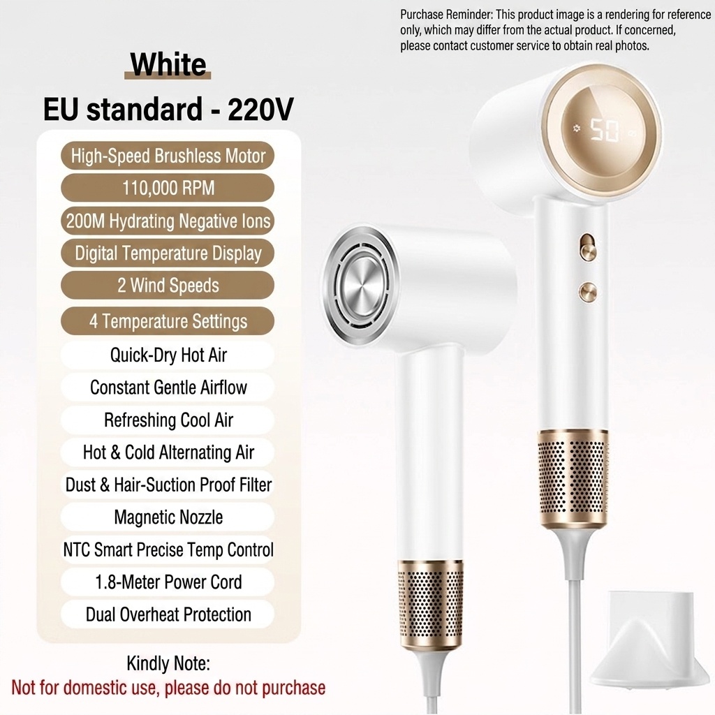 Sèche-cheveux haute vitesse D4, moteur sans balais 110&nbsp;000 tr/min, sèche-cheveux professionnel 1&nbsp;600 W avec 200 millions d'ions négatifs, écran LED et embout magnétique (blanc)