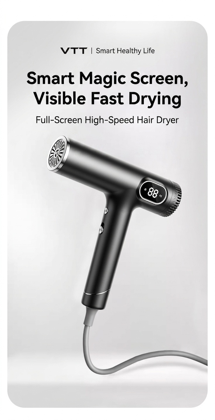 Sèche-cheveux haute vitesse D18, moteur sans balais 110&nbsp;000 tr/min, sèche-cheveux professionnel 1&nbsp;600 W avec 600 millions d'ions négatifs et 3 vitesses (noir)