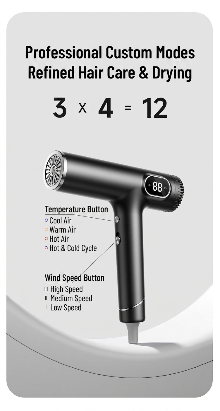 Sèche-cheveux haute vitesse D18, moteur sans balais 110&nbsp;000 tr/min, sèche-cheveux professionnel 1&nbsp;600 W avec 600 millions d'ions négatifs et 3 vitesses (noir)