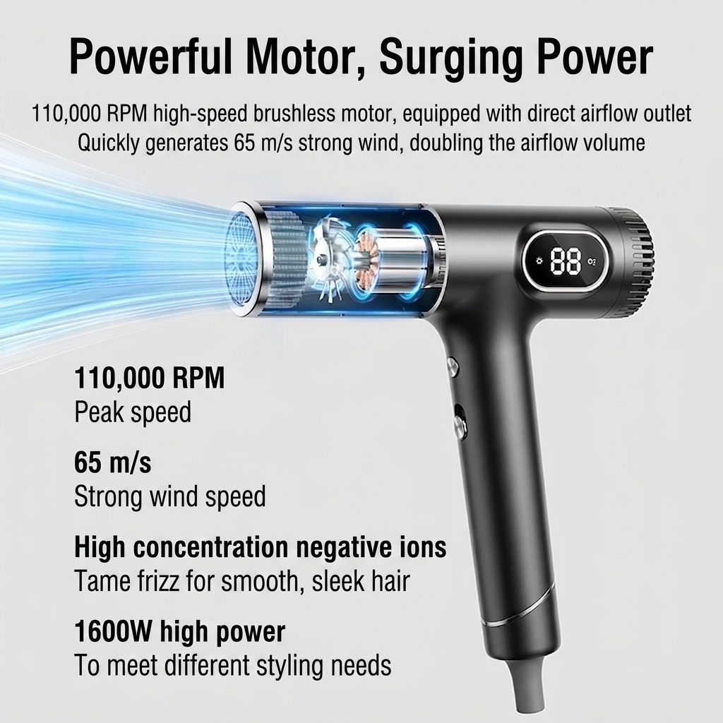 Sèche-cheveux haute vitesse D18, moteur sans balais 110&nbsp;000 tr/min, sèche-cheveux professionnel 1&nbsp;600 W avec 600 millions d'ions négatifs et 3 vitesses (noir)
