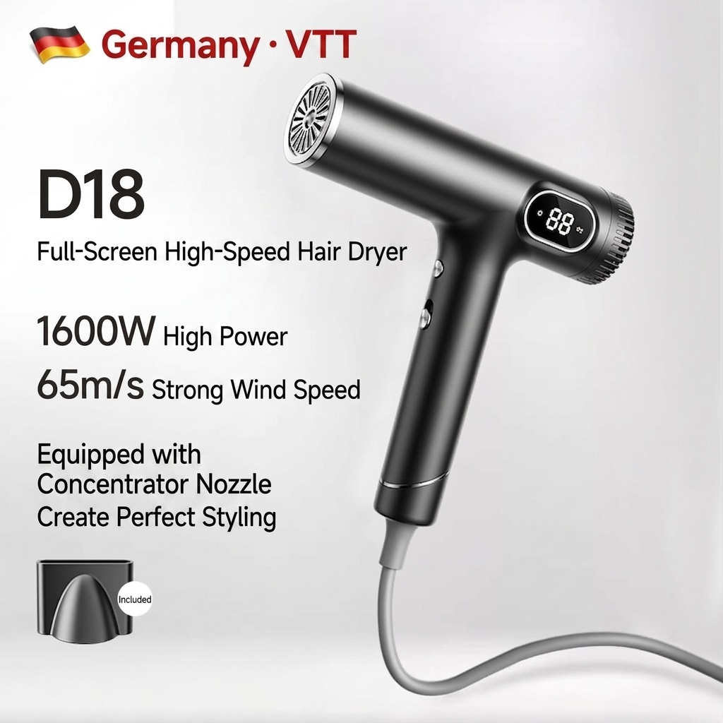 Sèche-cheveux haute vitesse D18, moteur sans balais 110&nbsp;000 tr/min, sèche-cheveux professionnel 1&nbsp;600 W avec 600 millions d'ions négatifs et 3 vitesses (noir)