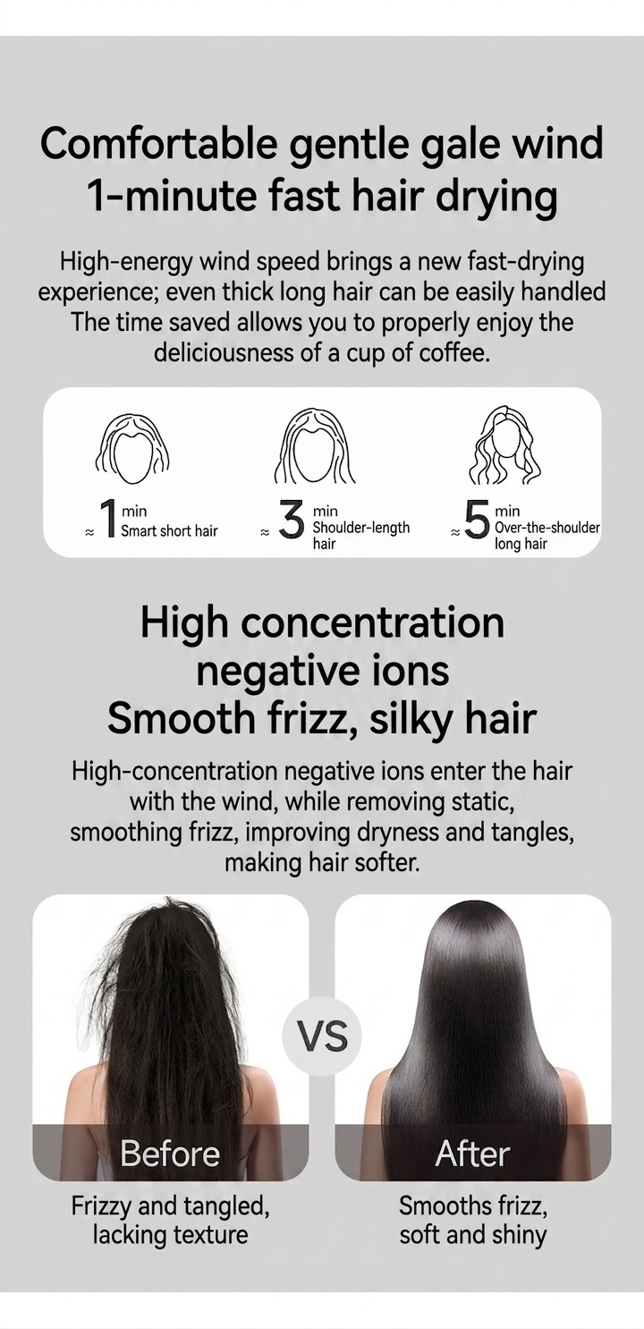 Sèche-cheveux haute vitesse D18, moteur sans balais 110&nbsp;000 tr/min, sèche-cheveux professionnel 1&nbsp;600 W avec 600 millions d'ions négatifs et 3 vitesses (noir)