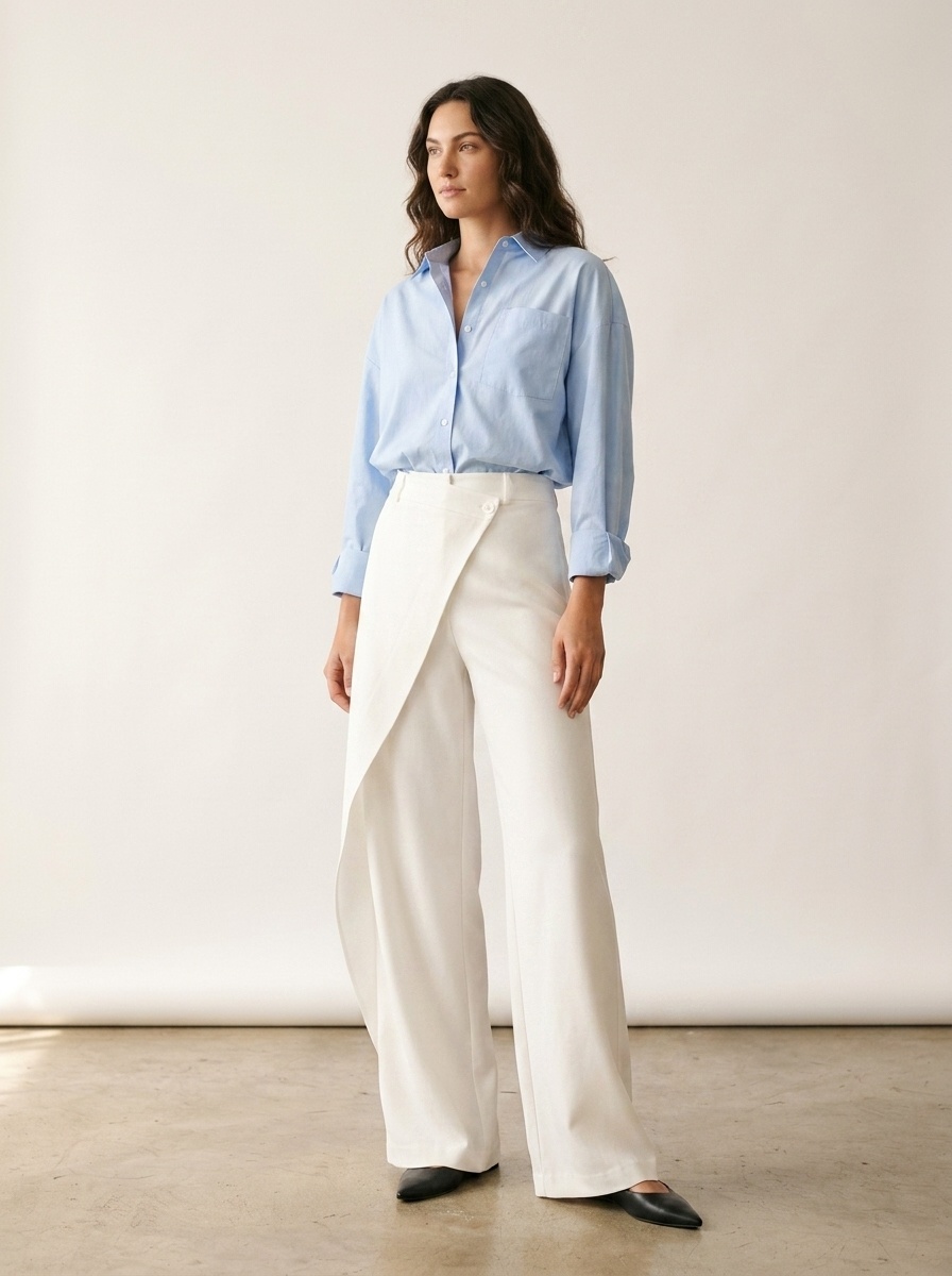 Pantalon portefeuille blanc chic à jambes larges - Coupe asymétrique moderne