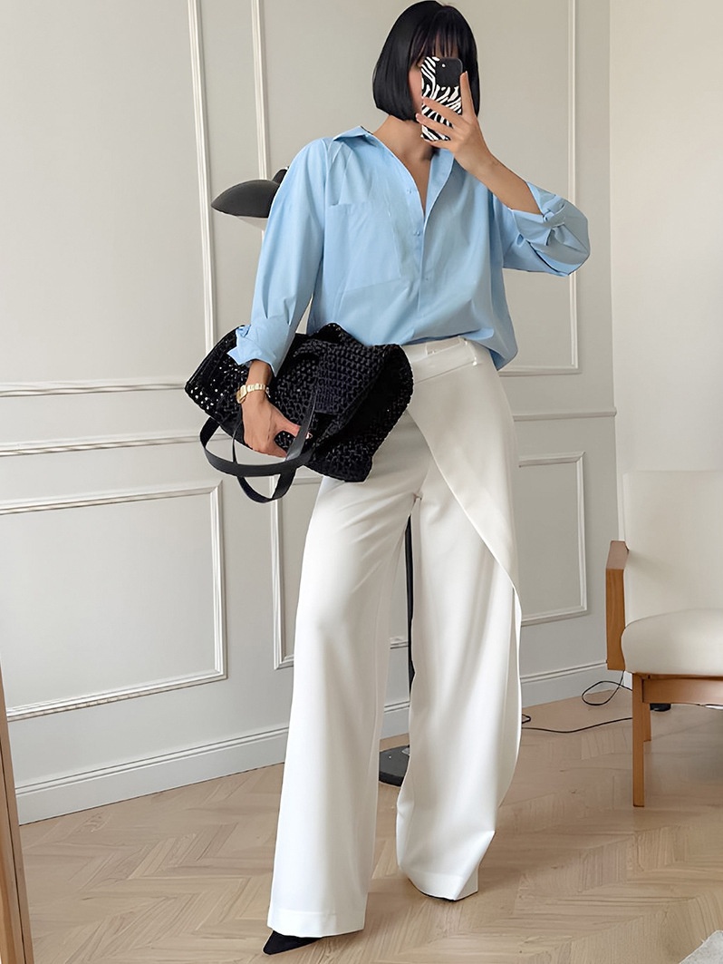 Pantalon portefeuille blanc chic à jambes larges - Coupe asymétrique moderne