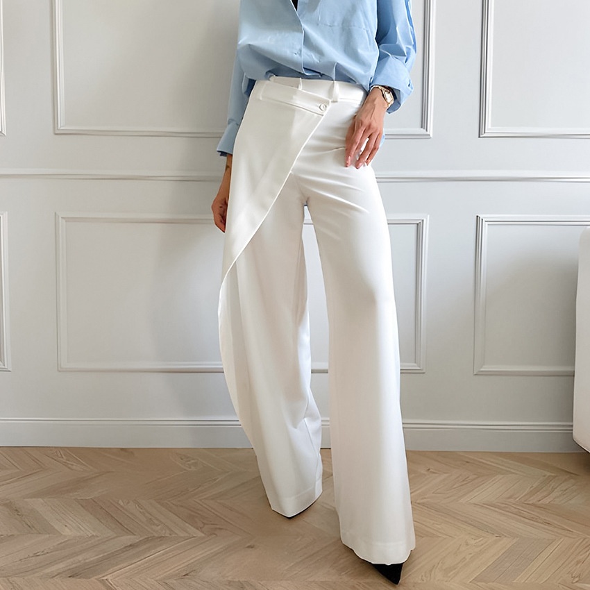 Pantalon portefeuille blanc chic à jambes larges - Coupe asymétrique moderne