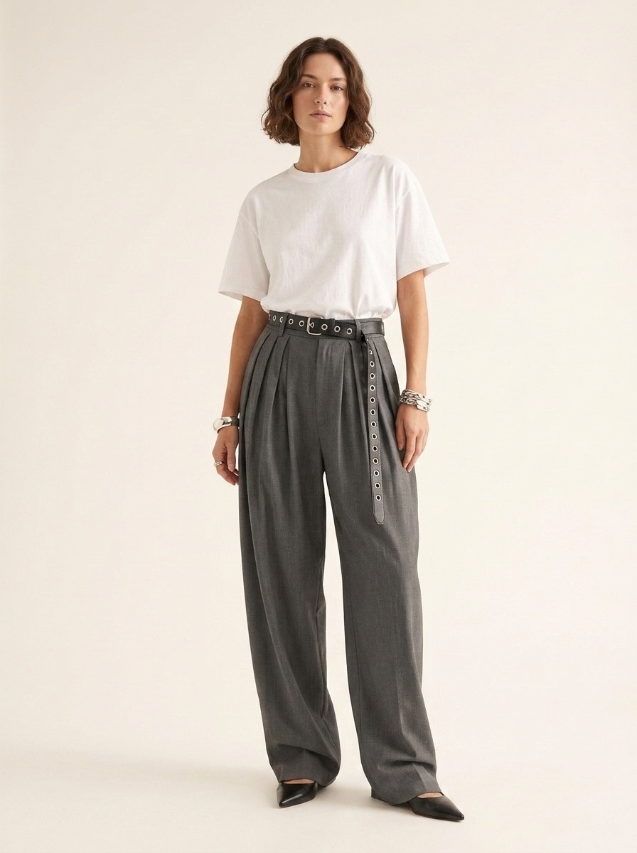 Pantalon plissé gris taille haute à jambes larges pour femme