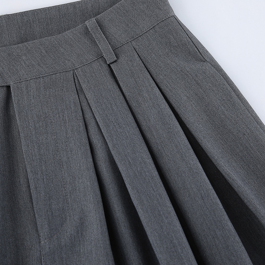 Pantalon plissé gris taille haute à jambes larges pour femme