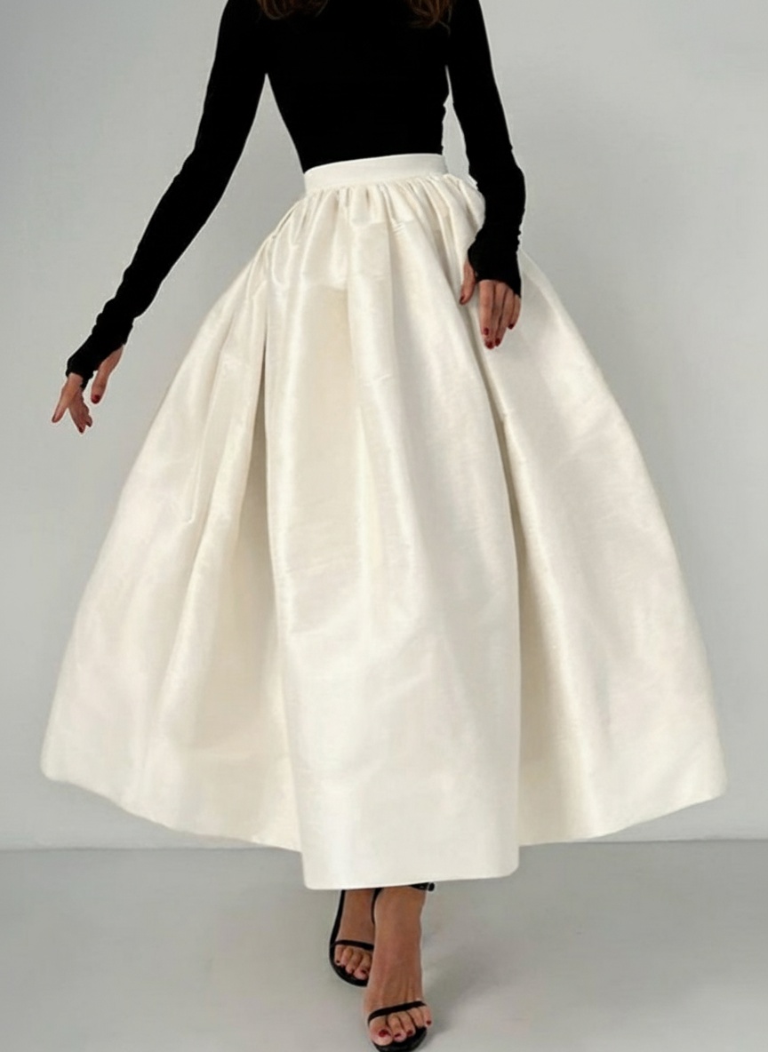 Jupe midi ample élégante à taille haute - Satin coupe trapèze