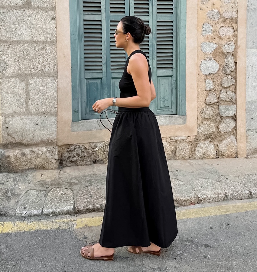 Abito lungo da donna senza maniche con vita bassa