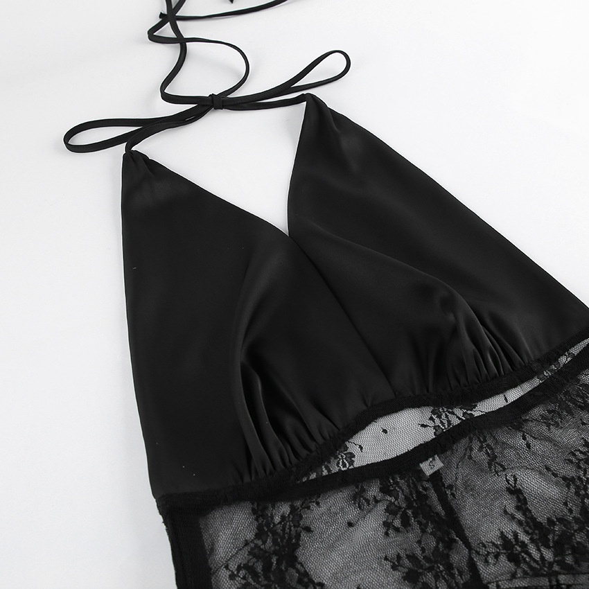 Black Halter Neck Lace Patchwork Maxi Dress
