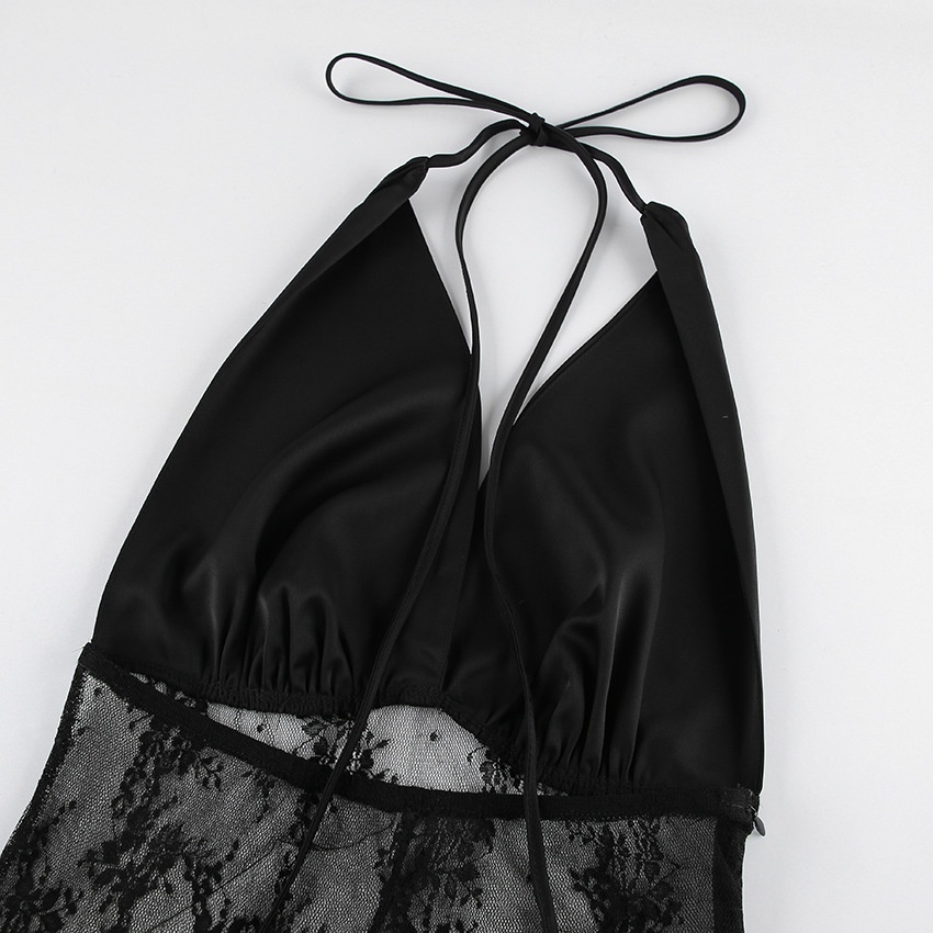 Black Halter Neck Lace Patchwork Maxi Dress