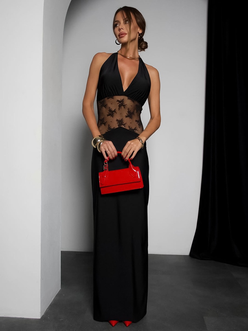 Black Halter Neck Lace Patchwork Maxi Dress