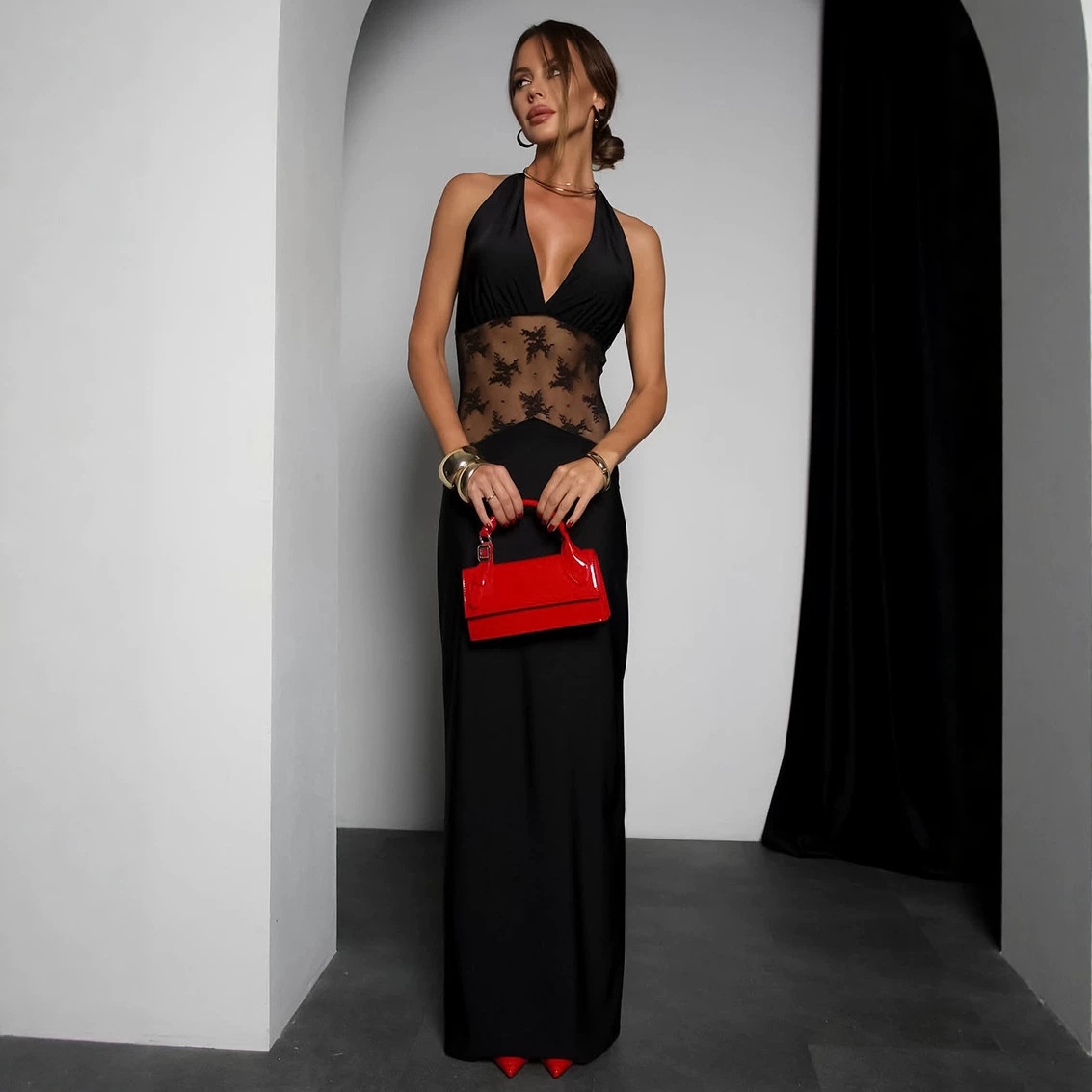 Black Halter Neck Lace Patchwork Maxi Dress