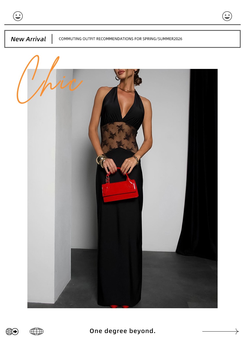 Black Halter Neck Lace Patchwork Maxi Dress