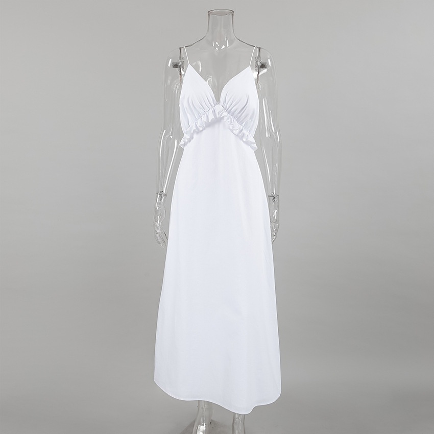 Abito lungo da donna bianco con scollo a V, volant e spalline sottili